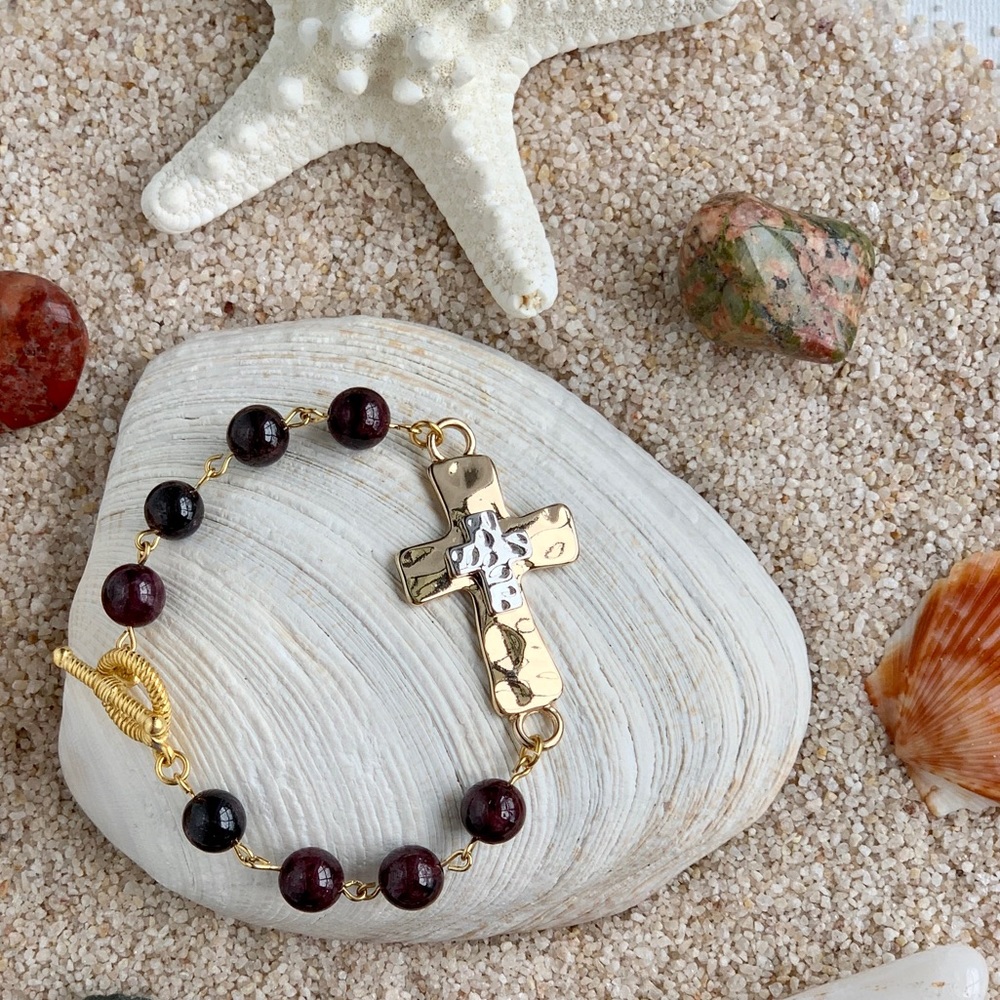 Christian Garnet Gemstone Cross Bracelet - “Linked in Faith”